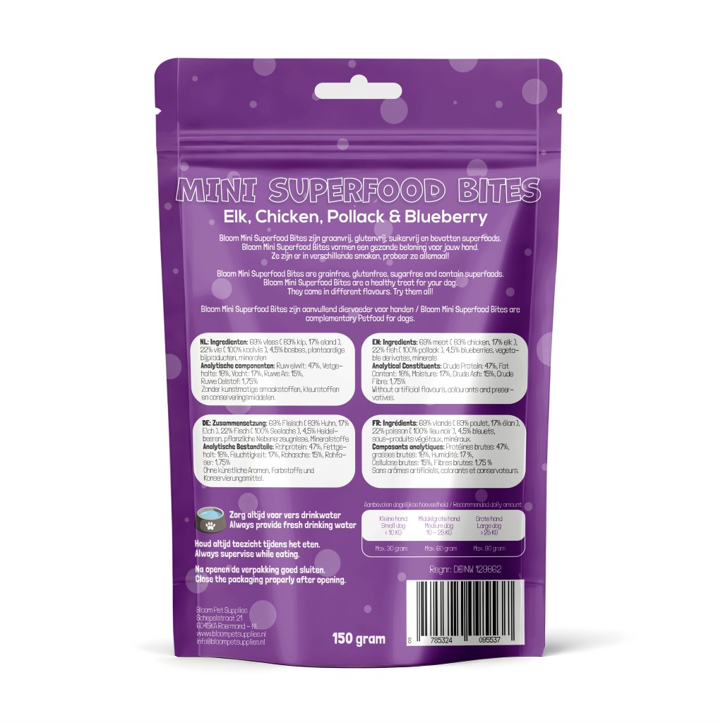 De derde product foto voor Bloom MINI Superfood Bites – Elk, Chicken, Pollack & Blueberry
