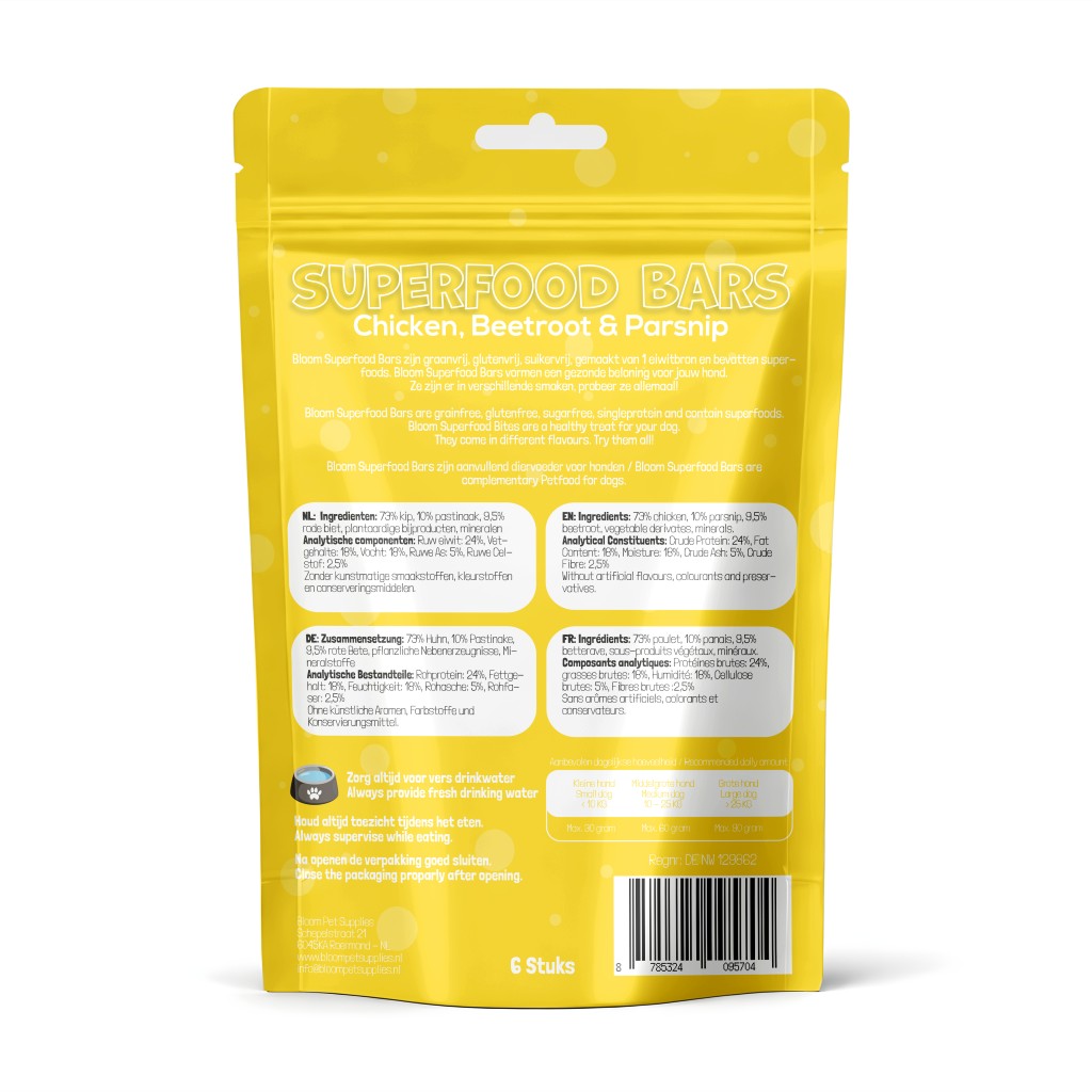 De tweede product foto voor Bloom Superfood Bars – Chicken, Parsnip, Beetroot