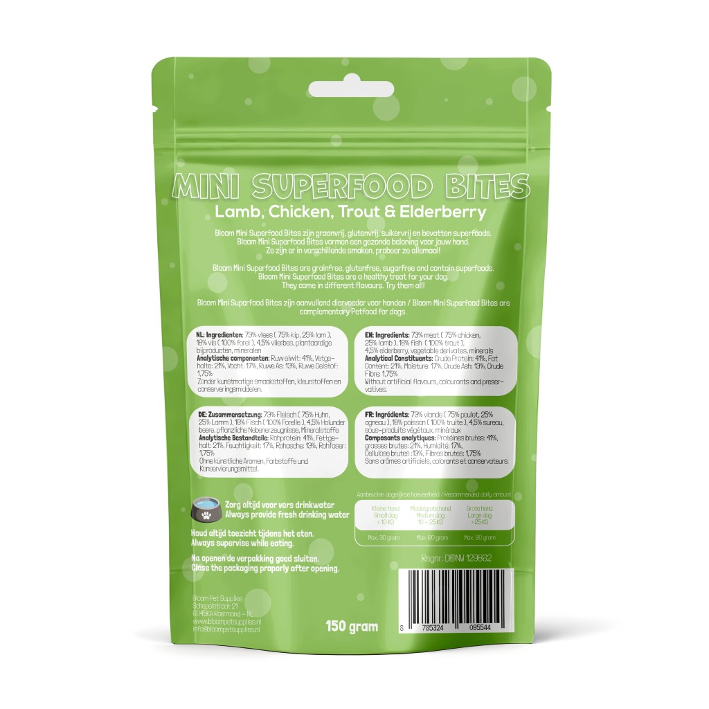 De tweede product foto voor Bloom Mini Superfood Bites – Lamb, Chicken, Trout & Elderberry